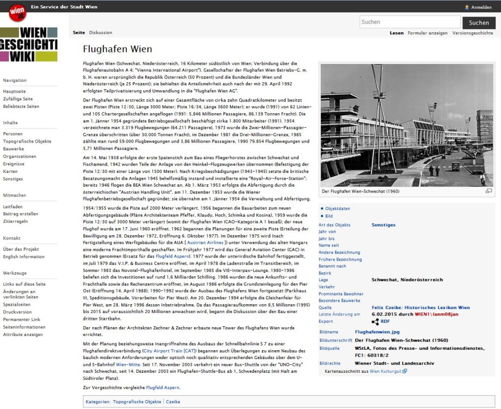 Screenshot der Webseite: https//www.wien.gv.at/wiki/index.php/Flughafen_Wien